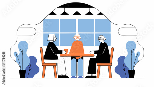 Warm gathering of elderly couple and their son at cozy table, sharing moments together