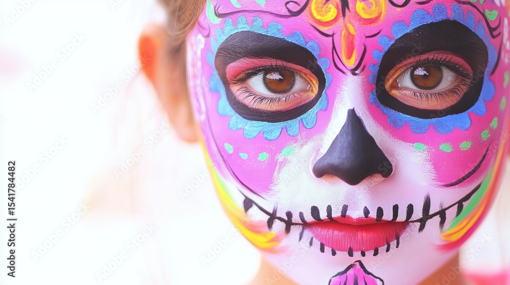 Young girl with colorful sugar skull face paint, showcasing vibrant designs and intricate patterns, celebrating cultural traditions and artistry in a festive atmosphere Young girl with colorful sugar skull face paint, showcasing vibrant designs and intricate patterns, celebrating cultural traditions and artistry in a festive atmosphere