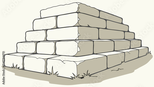 Weathered stone pyramid structure with textured surface and grass around it evokes sense