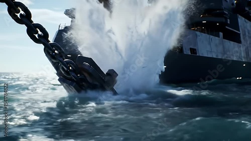 Military vessel releasing anchor into choppy sea water with chain and splashing waves