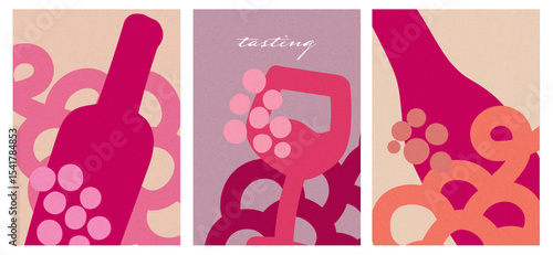 hand-drawn wine event invitations – retro minimalist vector posters with textured backgrounds - menu cover design template