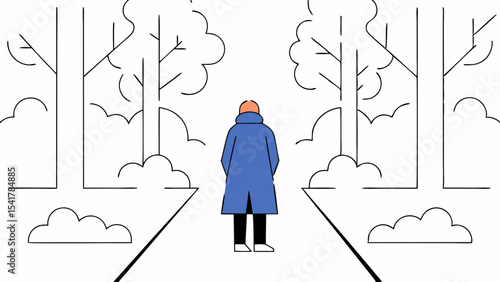 Person stands alone on empty path, in forest surrounded by trees and clouds, evoking solitude
