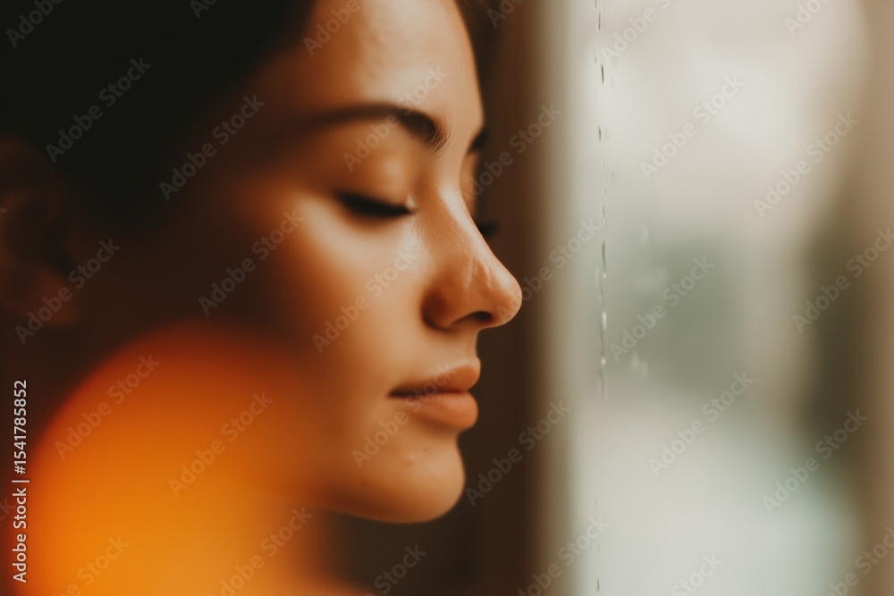 Fototapeta premium Asian woman with closed eyes, modern bathroom, reflective moment, profile view