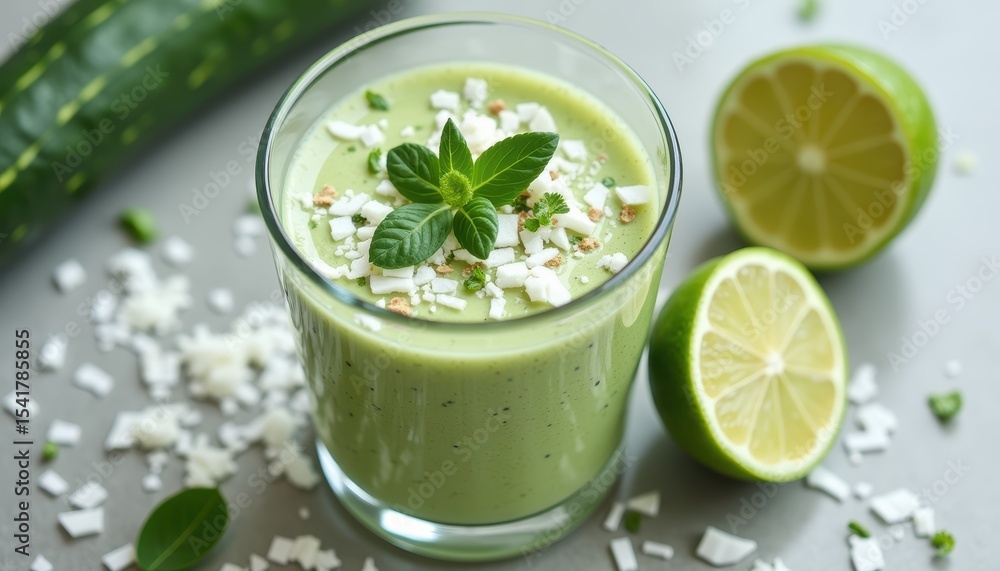 Refreshing Green Smoothie with Fresh Ingredients and Lime Garnish in Glass Cup Refreshing Green Smoothie with Fresh Ingredients and Lime Garnish in Glass Cup