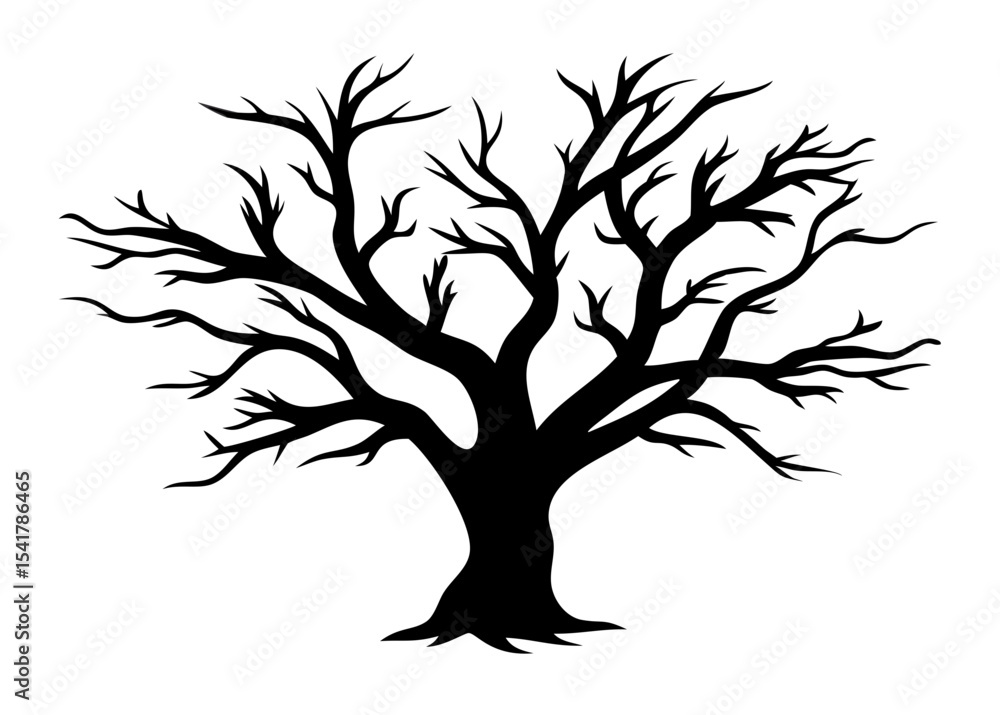 Obraz premium Detailed Leafless Tree Silhouette – Winter or Dead Tree Vector Illustration