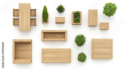 Top-down view of various wooden outdoor furniture pieces and plants.
