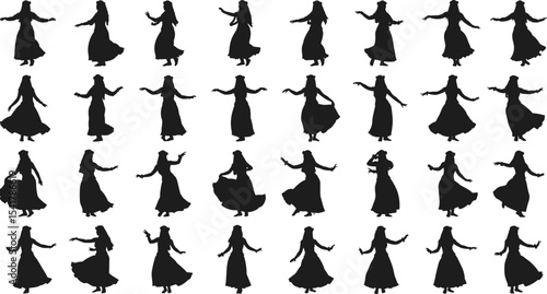 Traditional female dance silhouettes, cultural women dancing vector, folk dancer poses, ethnic performance illustration, graceful movement in dress, 