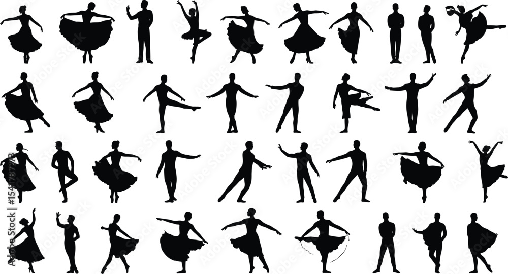 Naklejka premium Silhouette dancers in motion, artistic ballet poses, male and female dancers, contemporary dance silhouettes, expressive movement, group choreography, elegant figures, dramatic