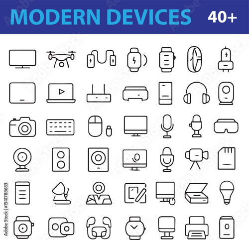 Modern Devices Line Icons Set, Editable Vector Symbols for Smart Technology, Gadgets, and Digital Devices

