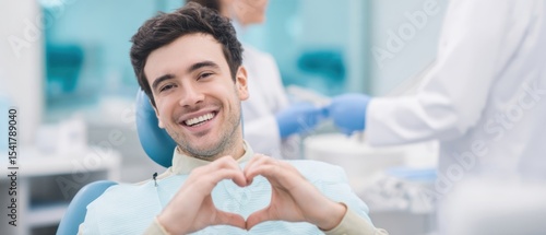 The smiling patient making a heart shape in a dental clinic setting.