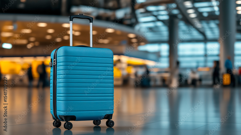 Blue travel suitcase with handle on airport terminal background. Blue travel suitcase with handle on airport terminal background.