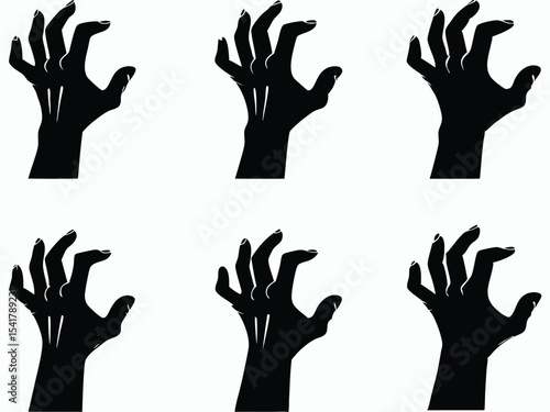 Several spooky black hand vectors reach up with grasping fingers against a white background