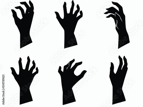Six eerie black hand silhouettes are displayed against a stark white background with different poses