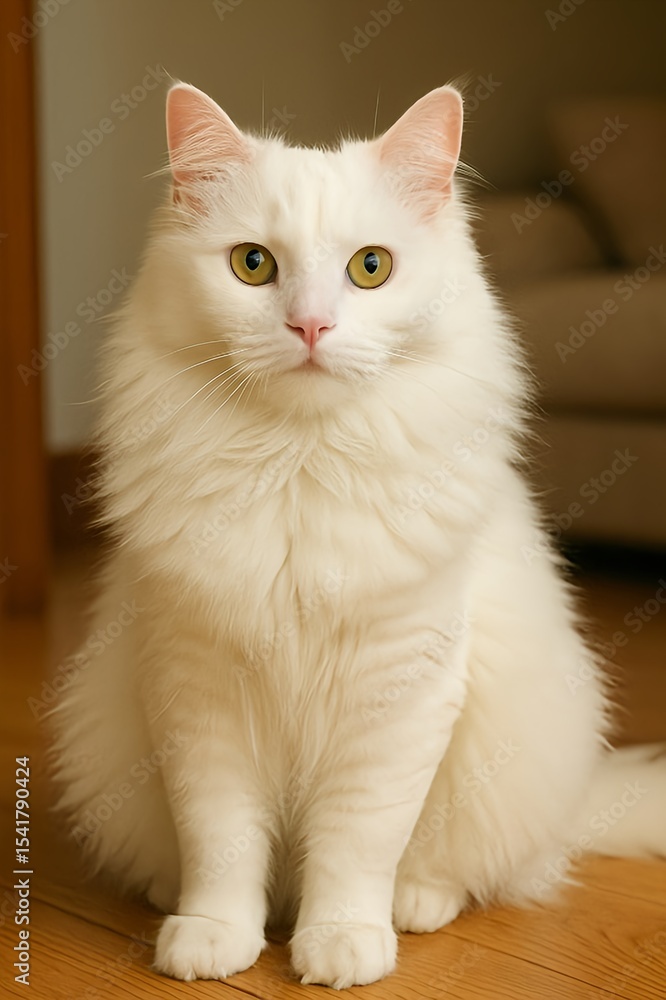 Obraz premium Elegant white domestic cat sitting indoors
