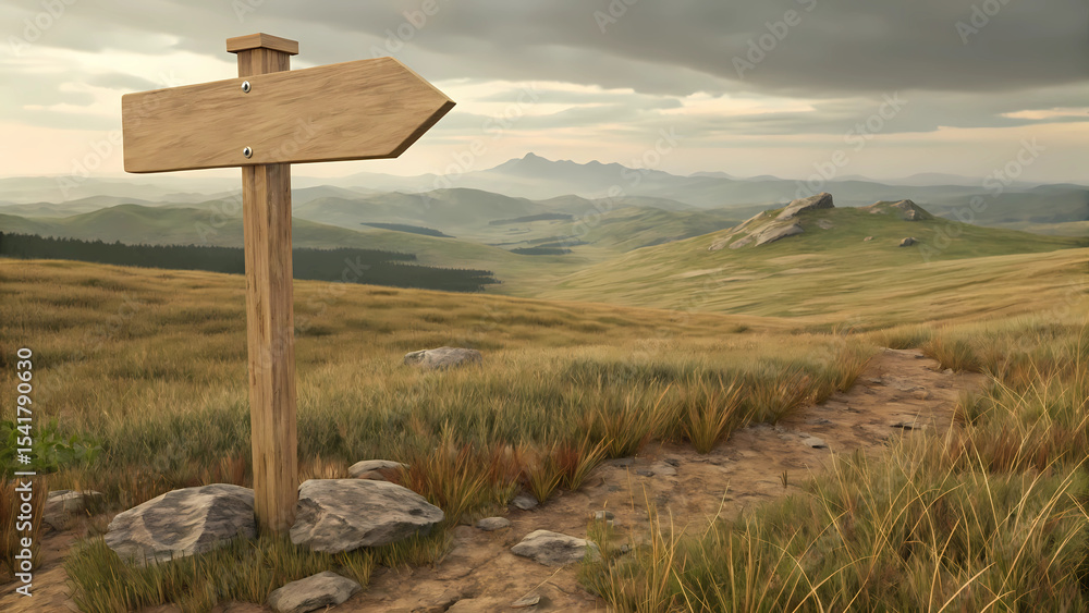 Wooden signpost on hiking trail in scenic mountain landscape for travel adventure Wooden signpost on hiking trail in scenic mountain landscape for travel adventure