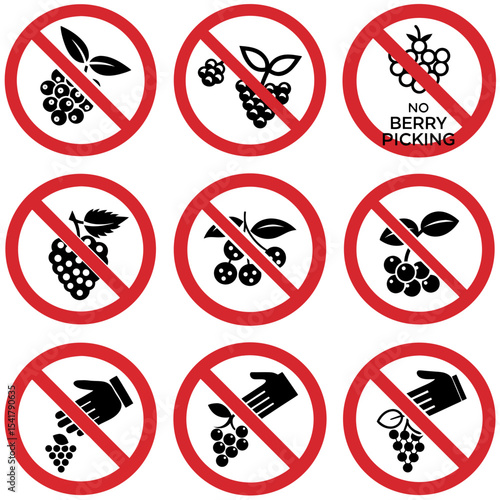 Set of No Berry Picking signs with various berry icons and prohibition symbols
