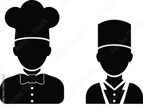 Two professions show their uniform, one a chef and one a bellhop