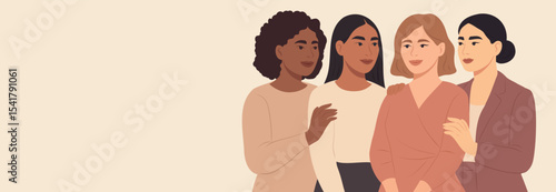 Horizontal vector banner with space for text for women's day, women of different cultures and nationalities standing together expressing support. Movements for gender equality and women's empowerment