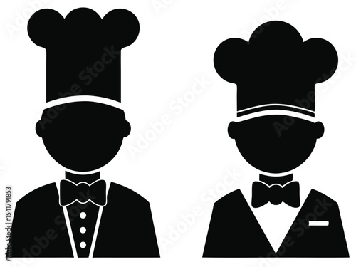 Two culinary artists wearing chef hats and tuxedoes look stylishly professional in black