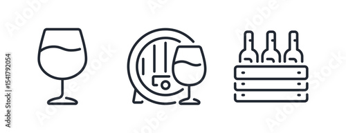 Wine glass, barrel and wooden crate box editable stroke outline icons set isolated on white background flat vector illustration. Pixel perfect. 64 x 64.