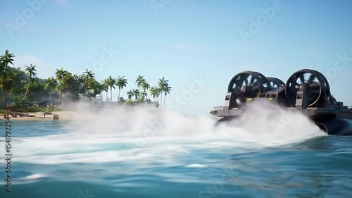 Modern hovercraft gliding across calm water detailing water spray and propulsion systems high quality image for editorial or commercial usage