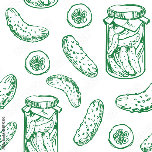 Pickles, cucumbers in a jar, seamless pattern, hand drawn sketch, realistic vector illustration