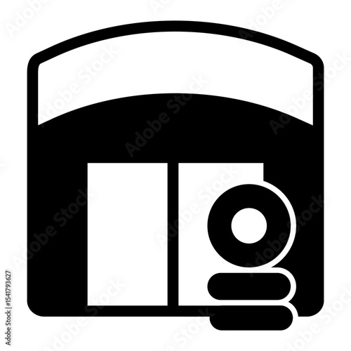 Garage with car tires stack solid icon, repair service concept. Vector graphics. Small warehouse for auto mechanic staff sign on white background, style mobile or design.