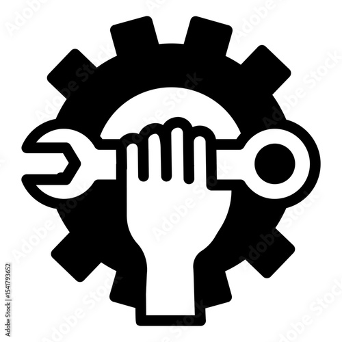 Hand with wrench at cogwheel solid icon, repair service concept. Vector graphics. Mechanical gear and hand with spanner sign on white background, style mobile or design.