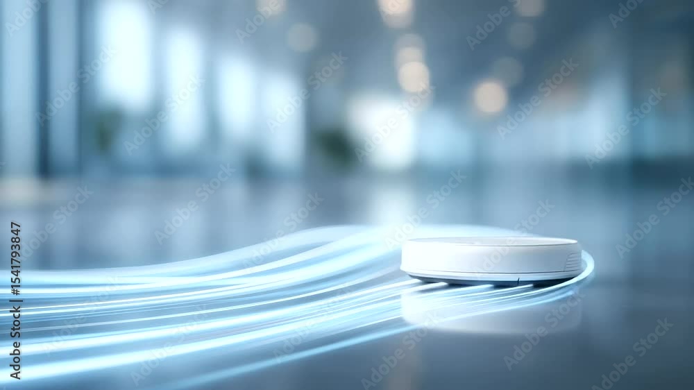 High-tech office robot vacuum navigating with precision-guided light beams. High-tech office robot vacuum navigating with precision-guided light beams.