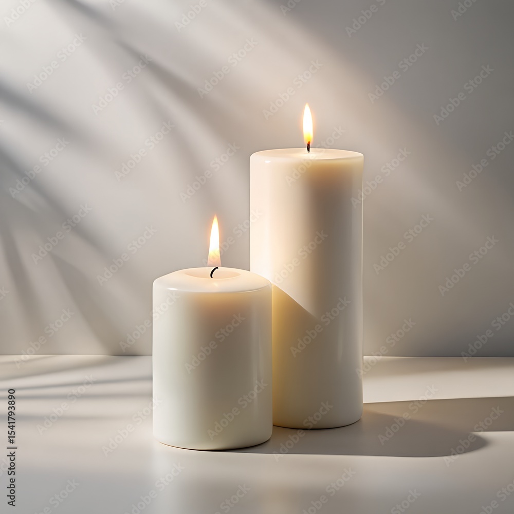 Two burning white candles soft light shadow Two burning white candles soft light shadow
