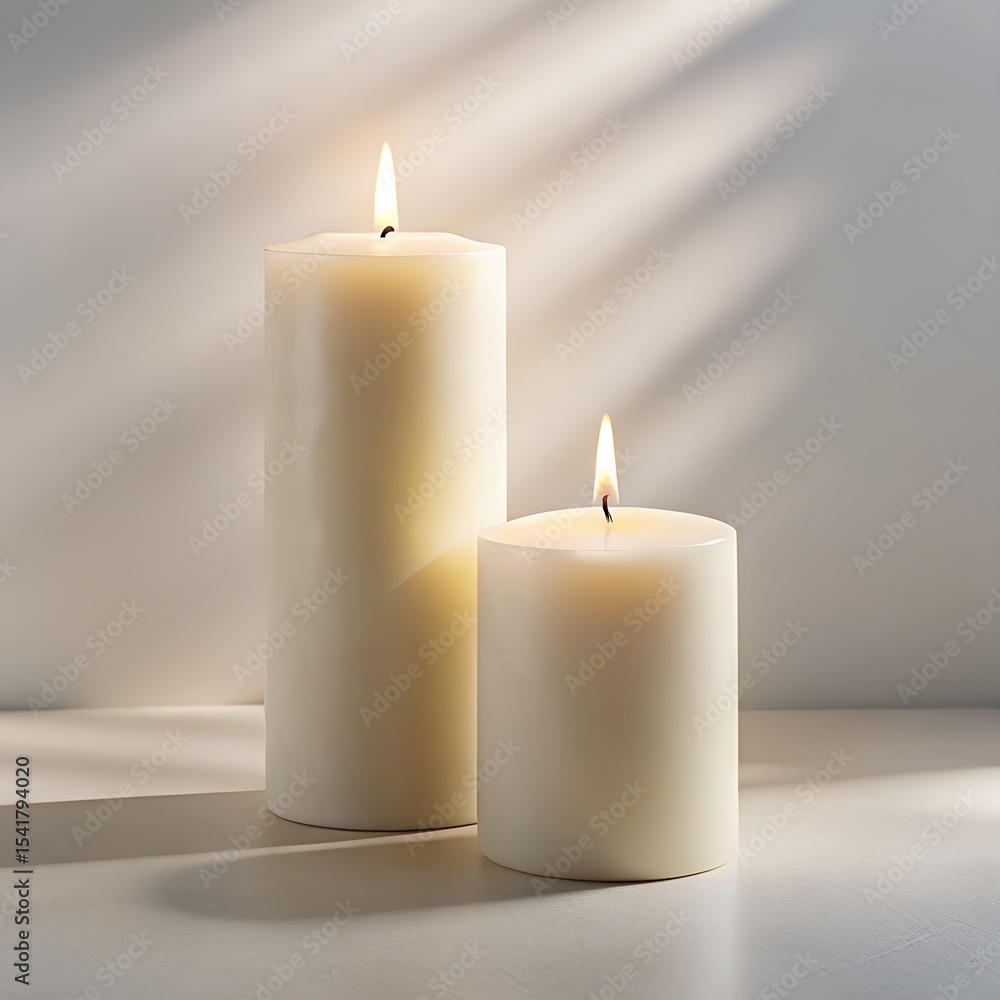 Two lit cream candles peaceful atmosphere home decor Two lit cream candles peaceful atmosphere home decor