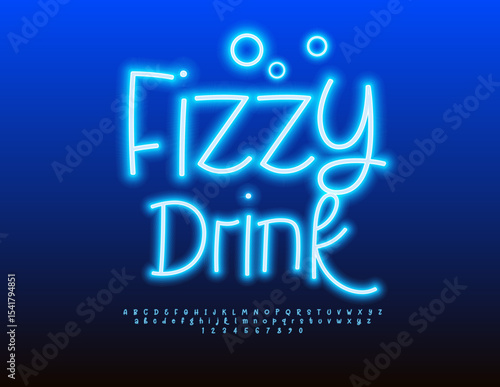 Vector Glowing Advertisement Fizzy Drink. Blue Neon Font. Cool Electric Alphabet Letters and Numbers set