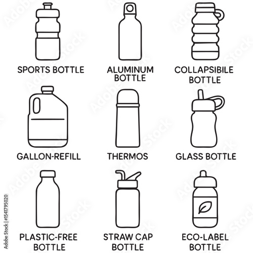 Editable Black and White Water Bottle Icon Set – Outline Style with English Labels