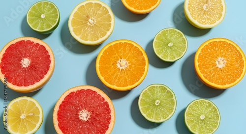 Colorful Citrus Slices on Blue Background – Lemon, Lime, Orange, and Grapefruit Flat Lay