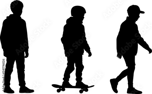 Young Boys Skateboarding and Walking Silhouettes Vector