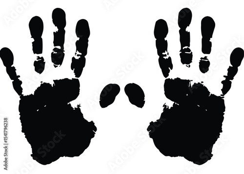Black paint handprints and fingerprints show against the clean white background in this image