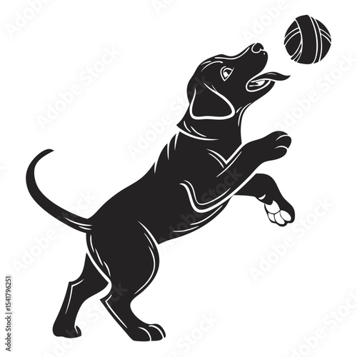 A black dog jumping to catch a ball with its tongue sticking out happily Silhouette