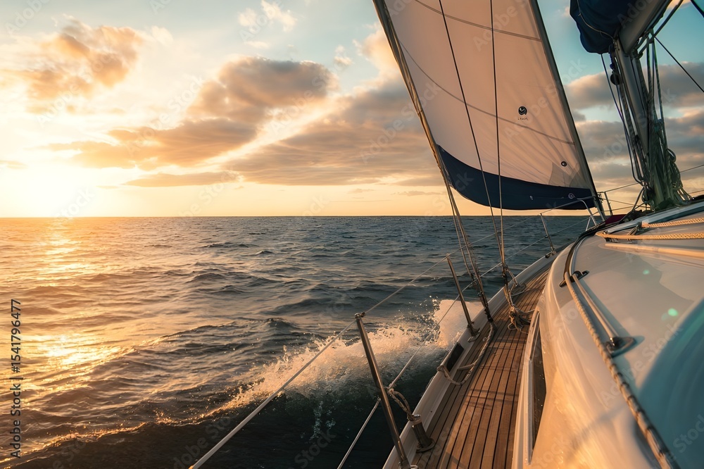 Fototapeta premium Sailing into the sunset on a peaceful ocean voyage