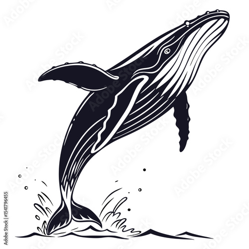 Illustration of a humpback whale breaching the water in black and white Silhouette