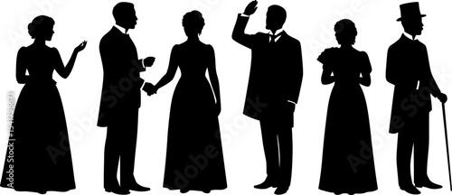 Victorian Era People Silhouettes: Historic Fashion Vector Set
