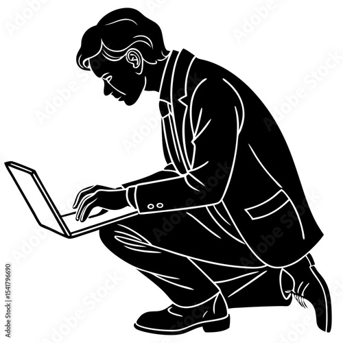 of a man squatting and using a laptop with a suit on him Silhouette