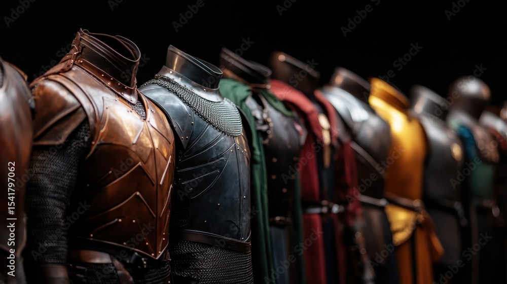 Obraz premium This striking image showcases a lineup of beautifully crafted medieval armor pieces displayed in a dimly lit setting, emphasizing their historical significance and artistry.