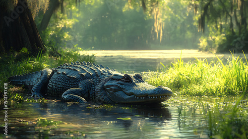 A majestic alligator lounging by a serene swamp, surrounded by lush greenery and sunlight