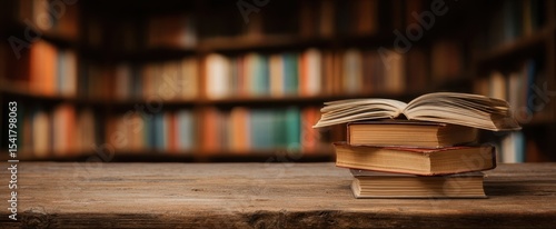 The stack of books on a wooden table in a cozy library setting.