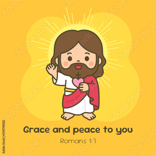 Radiant Cartoon Jesus with Raised Hand Blessing Gesture on Warm Yellow Background
