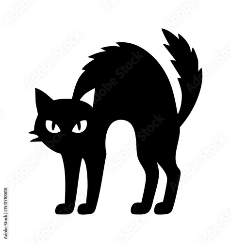 Black cat silhouette with arched back and sharp eyes. Bold vector illustration ideal for Halloween designs, spooky decorations, stickers, prints, and themed digital or print projects.