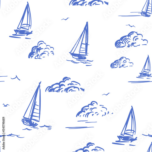 Seascape with yachts, seamless pattern, sailing ship, regatta, vector, hand drawn, monochrome