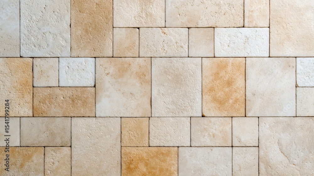 Naklejka premium Beige travertine tiles in varied rectangular pattern with natural porous texture