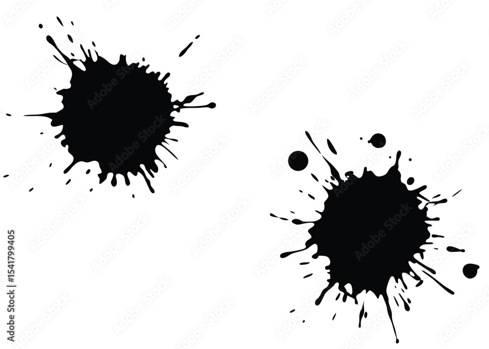 Two isolated blots of black ink create splatters on a clean white canvas