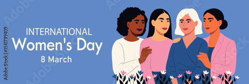 Vector bright horizontal banner for International Women's Day, women of different cultures and nationalities stand together, giving support. Movements for gender equality and women's empowerment